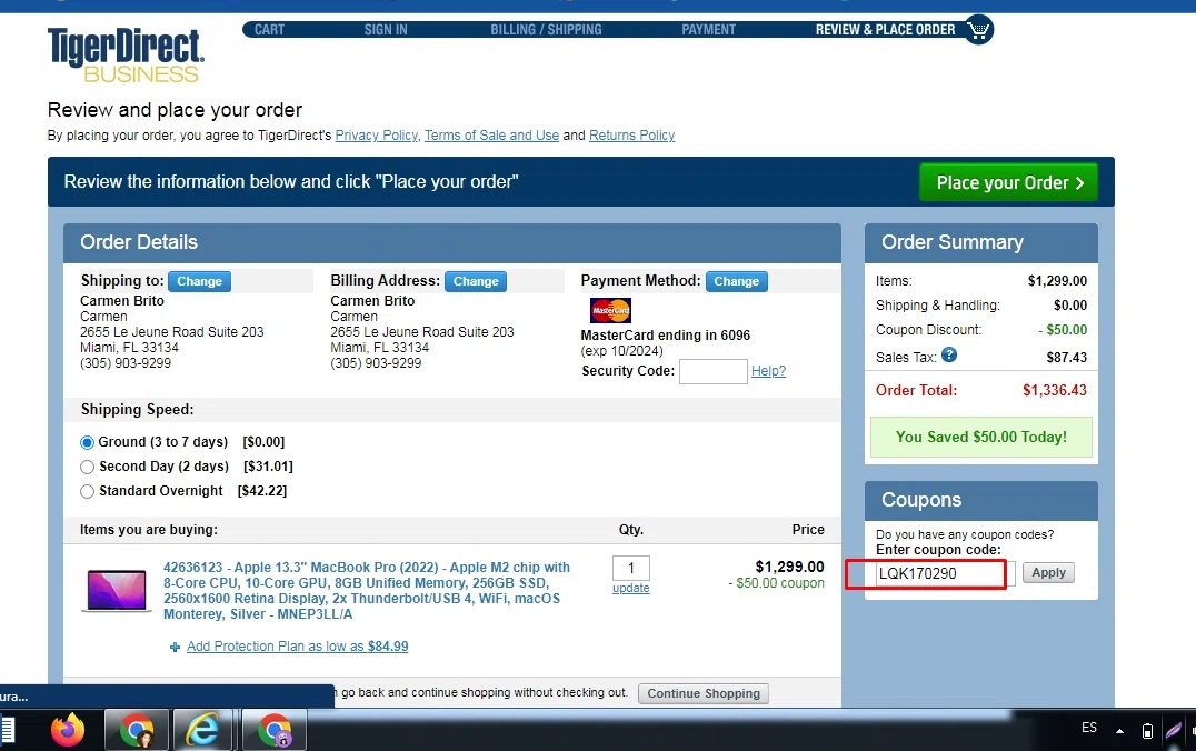 TigerDirect checkout page showing TigerDirect coupon code box | Screenshot taken by SimplyCodes community member on Aug 11, 2022