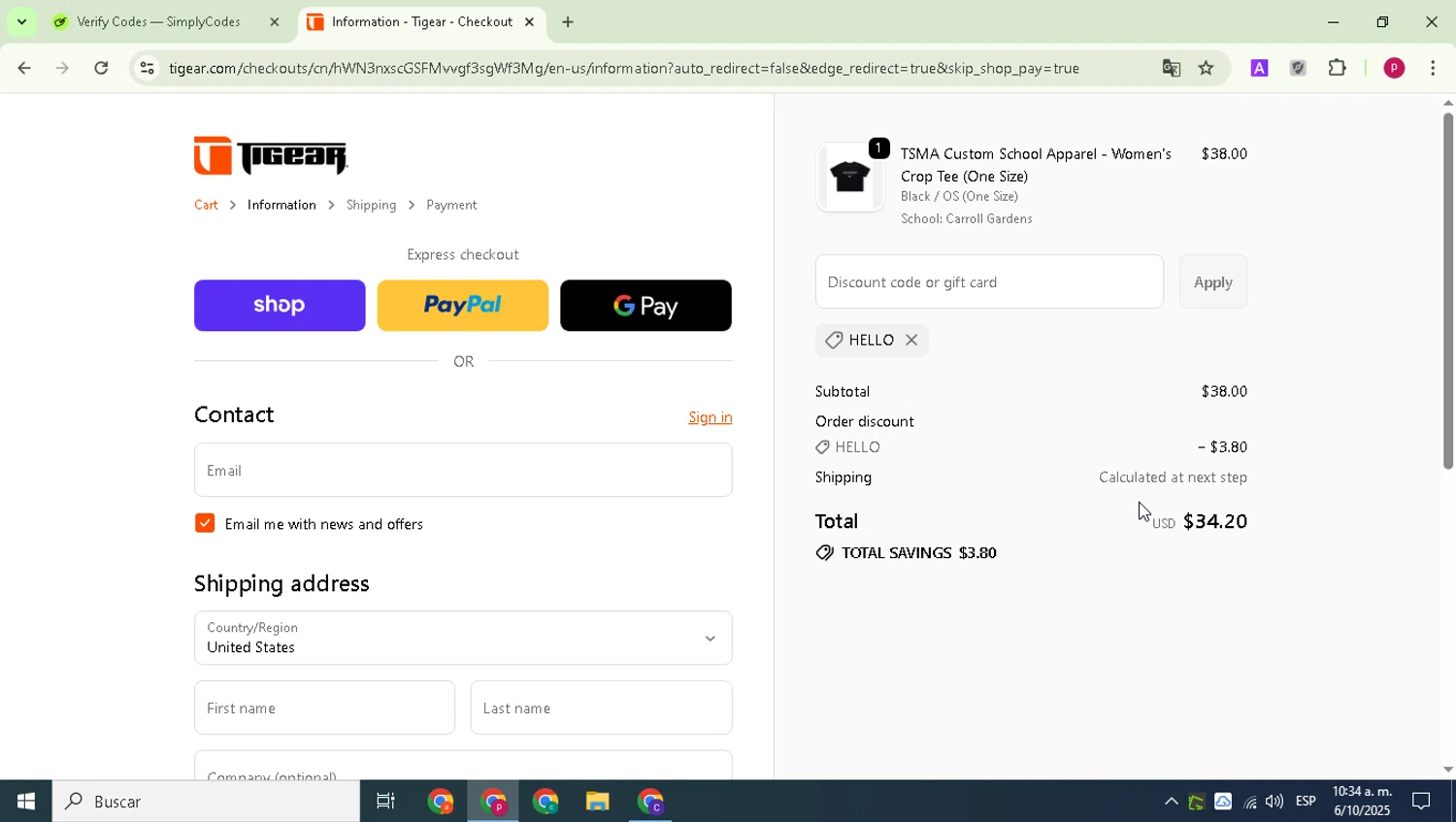 Tiger Schulmann’s promo code screenshot showing code HELLO applied at Tiger Schulmann’s checkout page. Uploaded by SimplyCodes community member Paul_Skenes on Oct 6, 2025