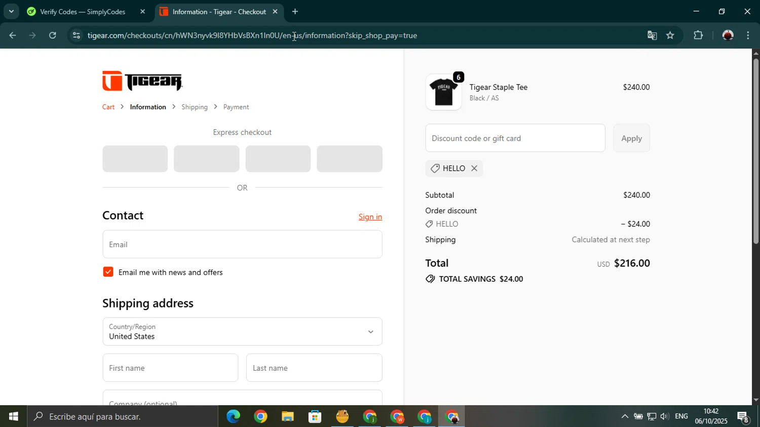 Tiger Schulmann’s promo code screenshot showing code HELLO applied at Tiger Schulmann’s checkout page. Uploaded by SimplyCodes community member youngonzalo on Oct 6, 2025