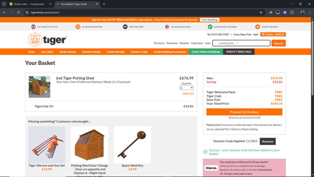 Tiger Sheds checkout page showing Tiger Sheds discount code box | Screenshot taken by SimplyCodes community member on Jun 20, 2025