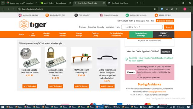Tiger Sheds checkout page showing Tiger Sheds discount code box | Screenshot taken by SimplyCodes community member on Jun 13, 2025
