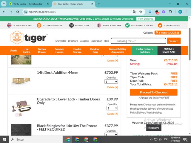 Tiger Sheds checkout page showing Tiger Sheds discount code box | Screenshot taken by SimplyCodes community member on Jul 19, 2025