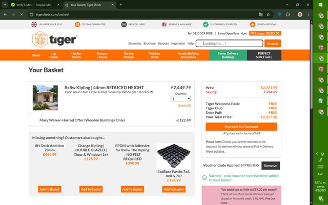 Tiger Sheds checkout page showing Tiger Sheds discount code box | Screenshot taken by SimplyCodes community member on Sep 4, 2025