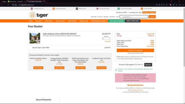 Tiger Sheds checkout page showing Tiger Sheds discount code box | Screenshot taken by SimplyCodes community member on Sep 4, 2025