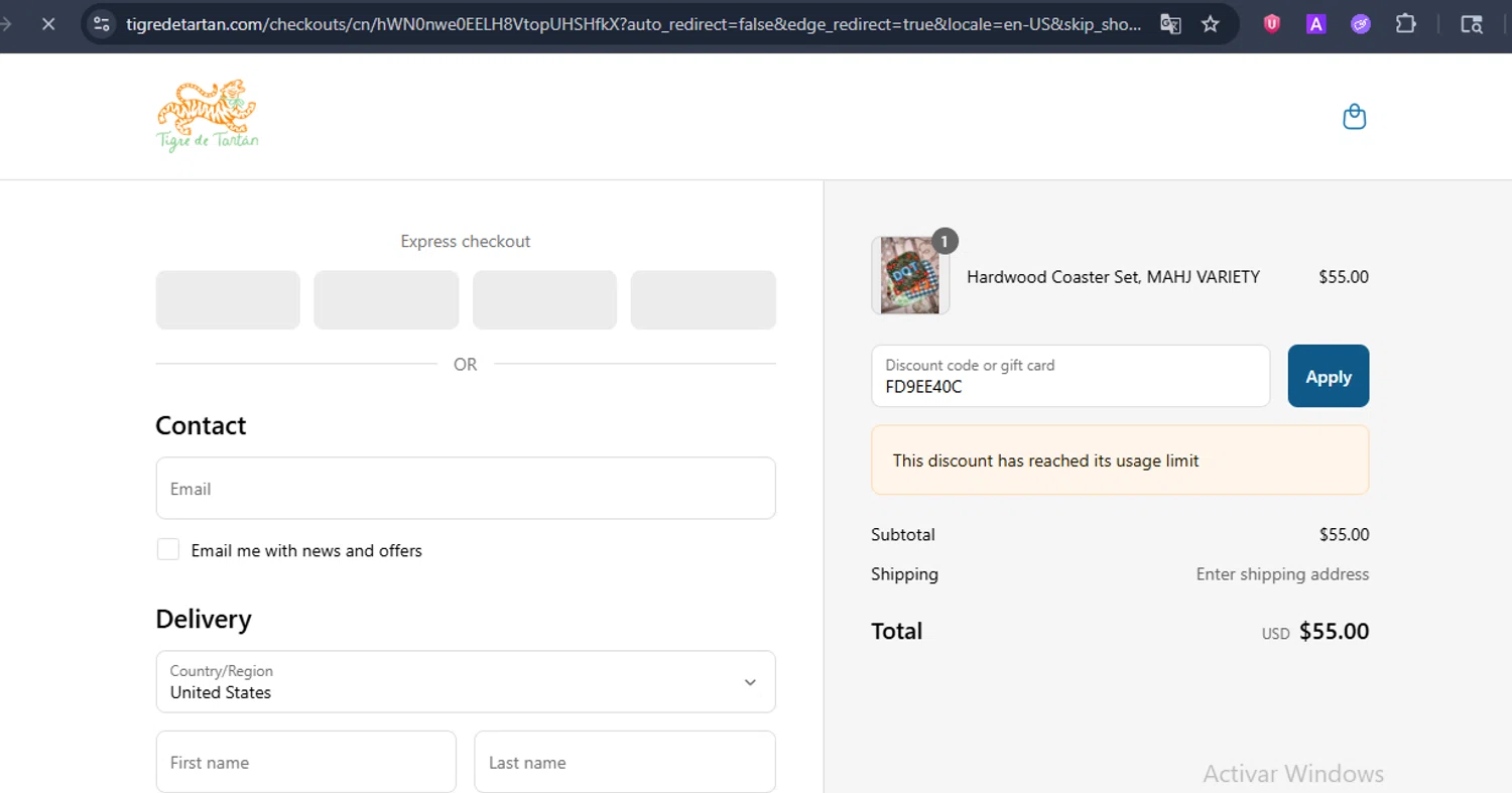 Tigre de Tartan promo code screenshot showing code FD9EE40C applied at Tigre de Tartan checkout page. Uploaded by SimplyCodes community member ShieldCurator2100 on Jul 19, 2025