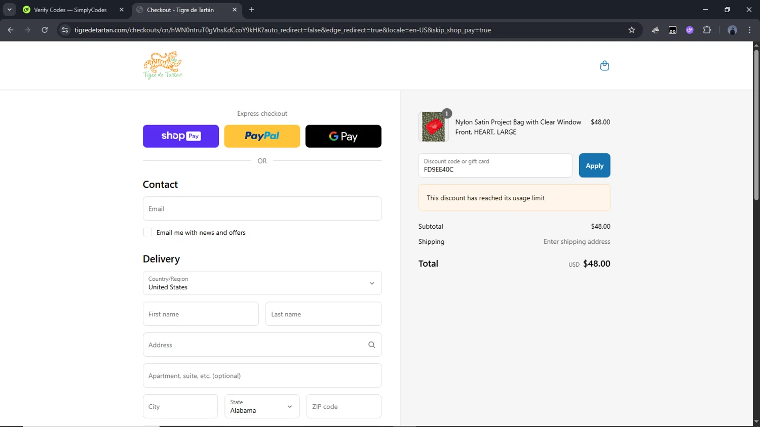 Tigre de Tartan promo code screenshot showing code FD9EE40C applied at Tigre de Tartan checkout page. Uploaded by SimplyCodes community member Time_sin_filtro on Jul 19, 2025