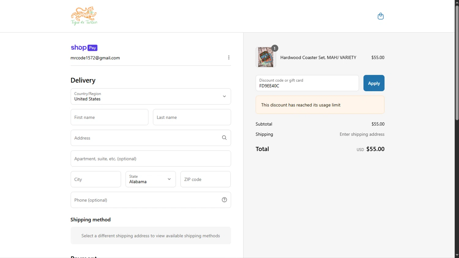 Tigre de Tartan promo code screenshot showing code FD9EE40C applied at Tigre de Tartan checkout page. Uploaded by SimplyCodes community member TokioMiller on Jul 19, 2025