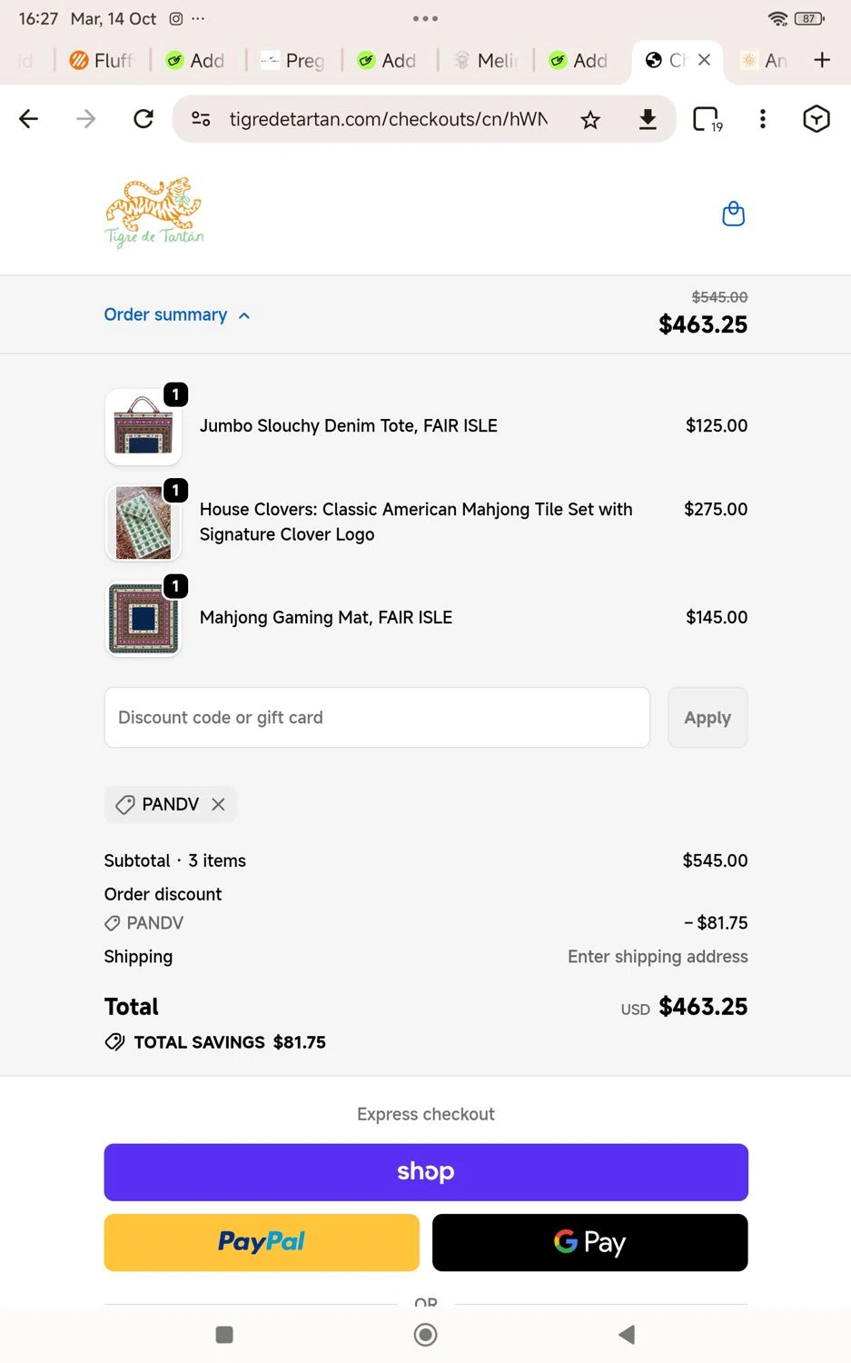 Tigre de Tartan promo code screenshot showing code PANDV applied at Tigre de Tartan checkout page. Uploaded by SimplyCodes community member KarinaHZ on Oct 14, 2025