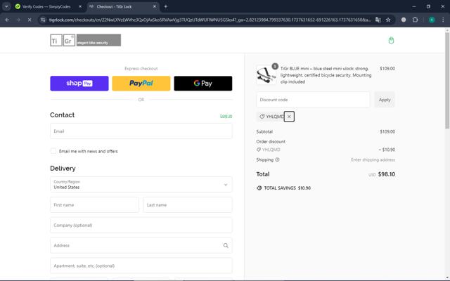 TiGr Lock checkout page showing TiGr Lock discount code box | Screenshot taken by SimplyCodes community member on Jan 23, 2025