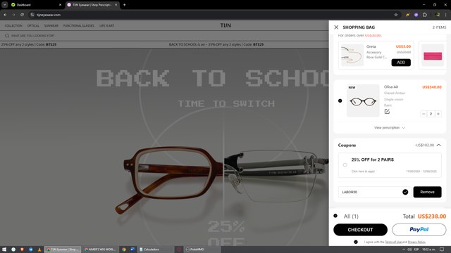 TIJN Eyewear checkout page showing TIJN Eyewear promo code box | Screenshot taken by SimplyCodes community member on Sep 1, 2025