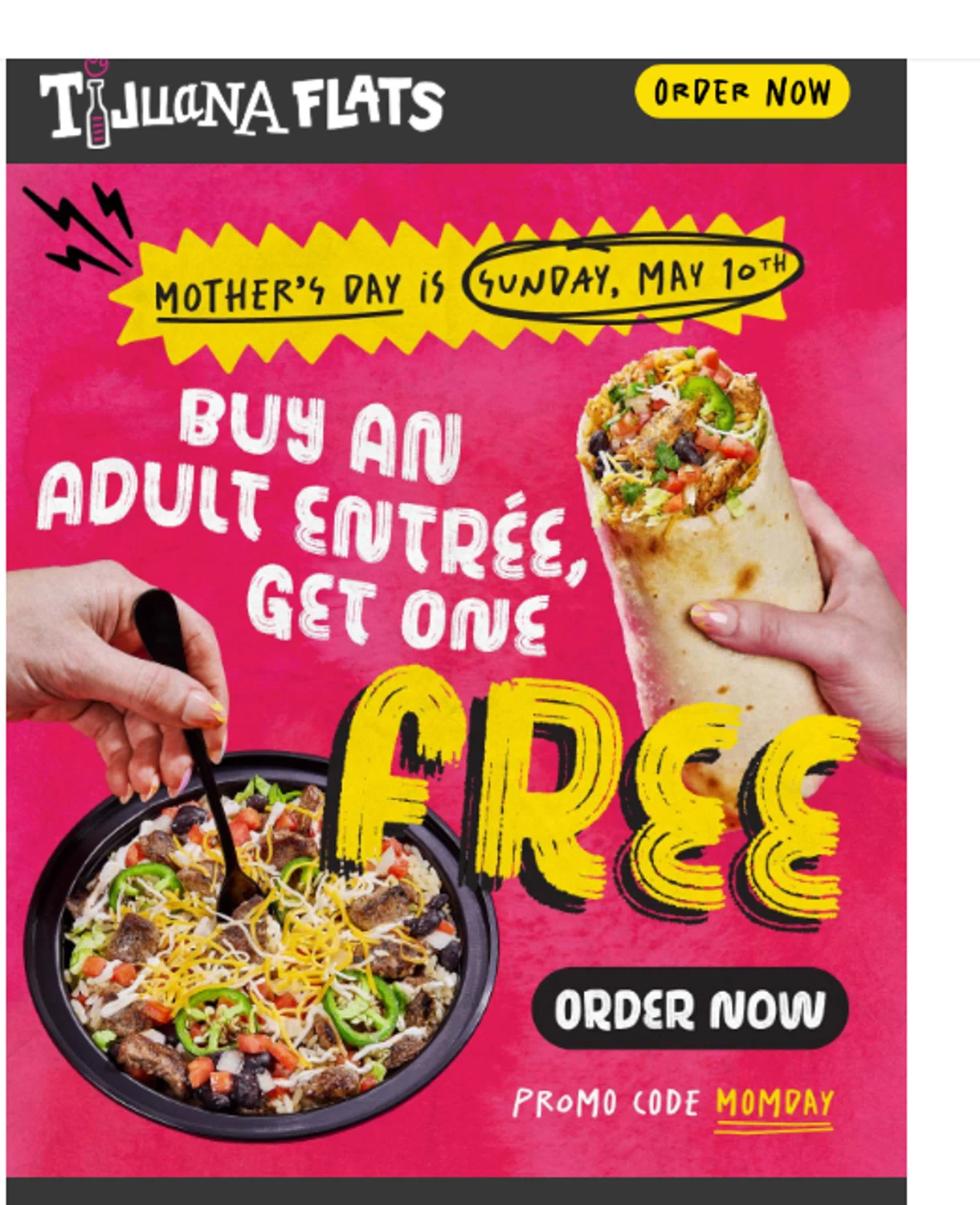 Tijuana Flats promo code screenshot showing code MOMDAY applied at Tijuana Flats checkout page. Uploaded by SimplyCodes community member valeriaantonieta on May 8, 2026