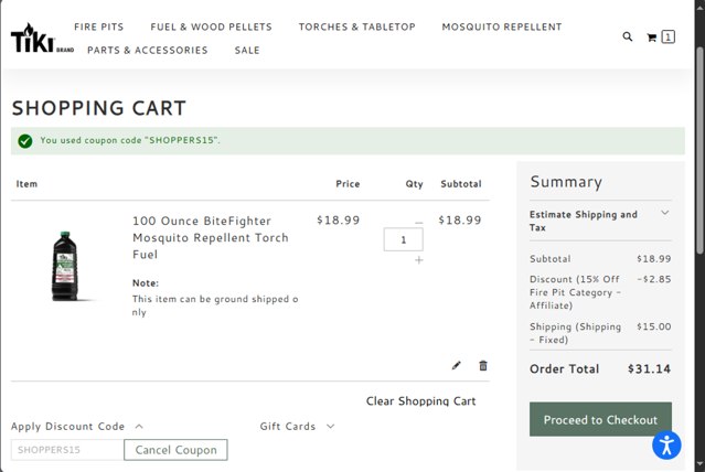 Tiki Brand checkout page showing Tiki Brand discount code box | Screenshot taken by SimplyCodes community member on Aug 16, 2025
