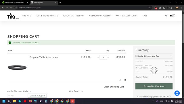 Tiki Brand checkout page showing Tiki Brand discount code box | Screenshot taken by SimplyCodes community member on Jul 21, 2025