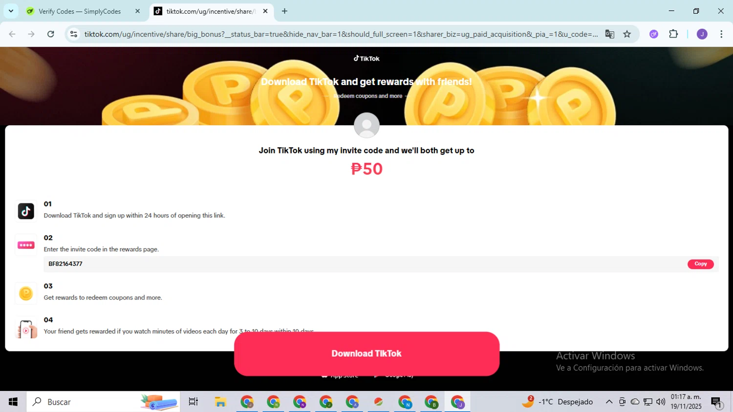 TikTok Shop promo code screenshot showing code BF82164377 applied at TikTok Shop checkout page. Uploaded by SimplyCodes community member PromoHunter9043 on Nov 19, 2025