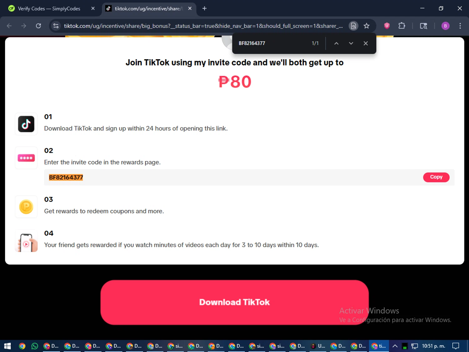 TikTok Shop promo code screenshot showing code BF82164377 applied at TikTok Shop checkout page. Uploaded by SimplyCodes community member travisscott on Dec 29, 2025