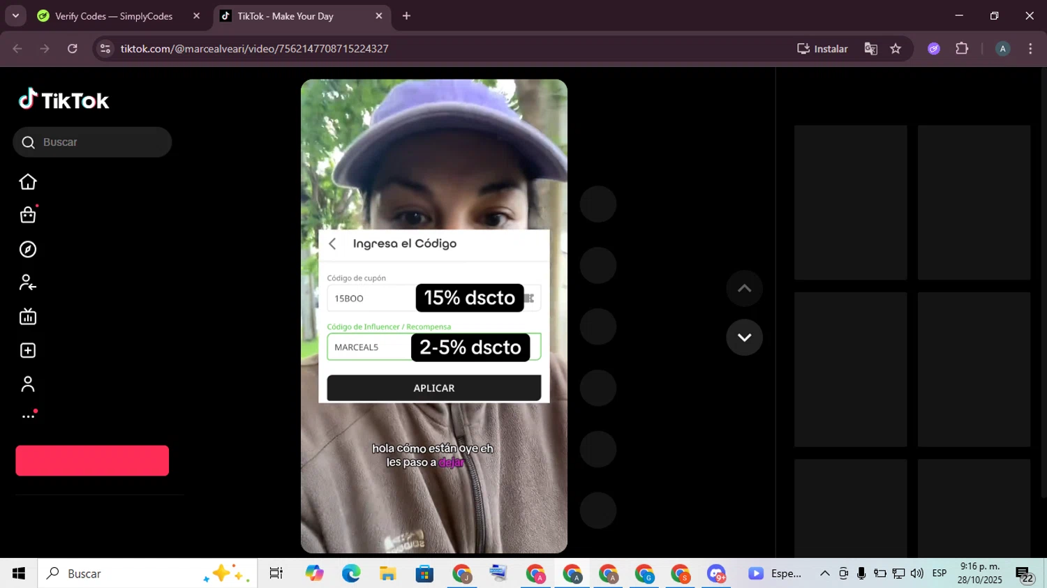 TikTok Shop promo code screenshot showing code 15BOO applied at TikTok Shop checkout page. Uploaded by SimplyCodes community member ScanSpotter8851 on Oct 29, 2025