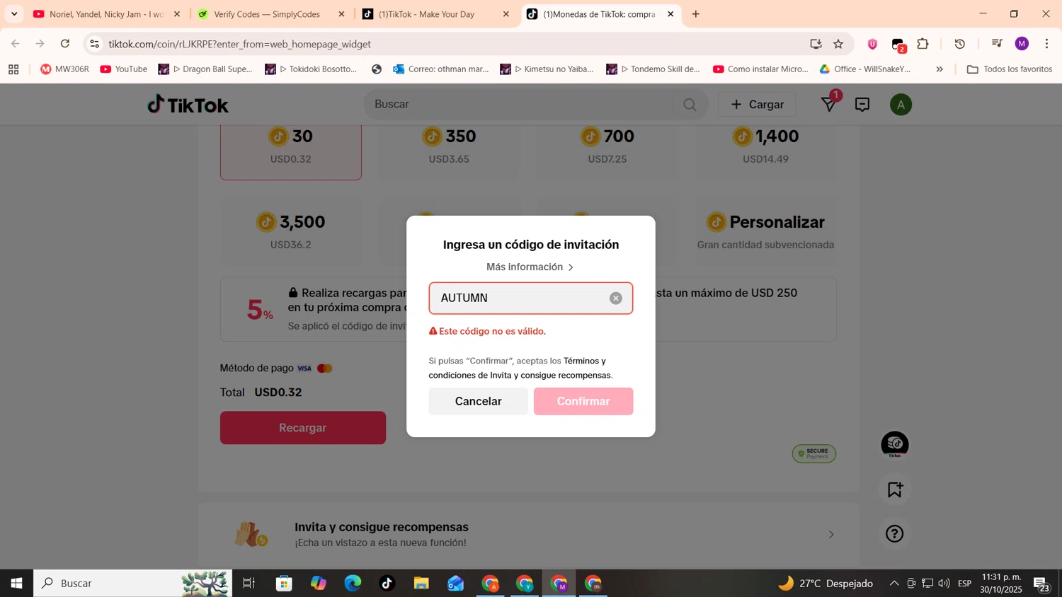 TikTok Shop promo code screenshot showing code AUTUMN applied at TikTok Shop checkout page. Uploaded by SimplyCodes community member cod_gakpo on Oct 31, 2025