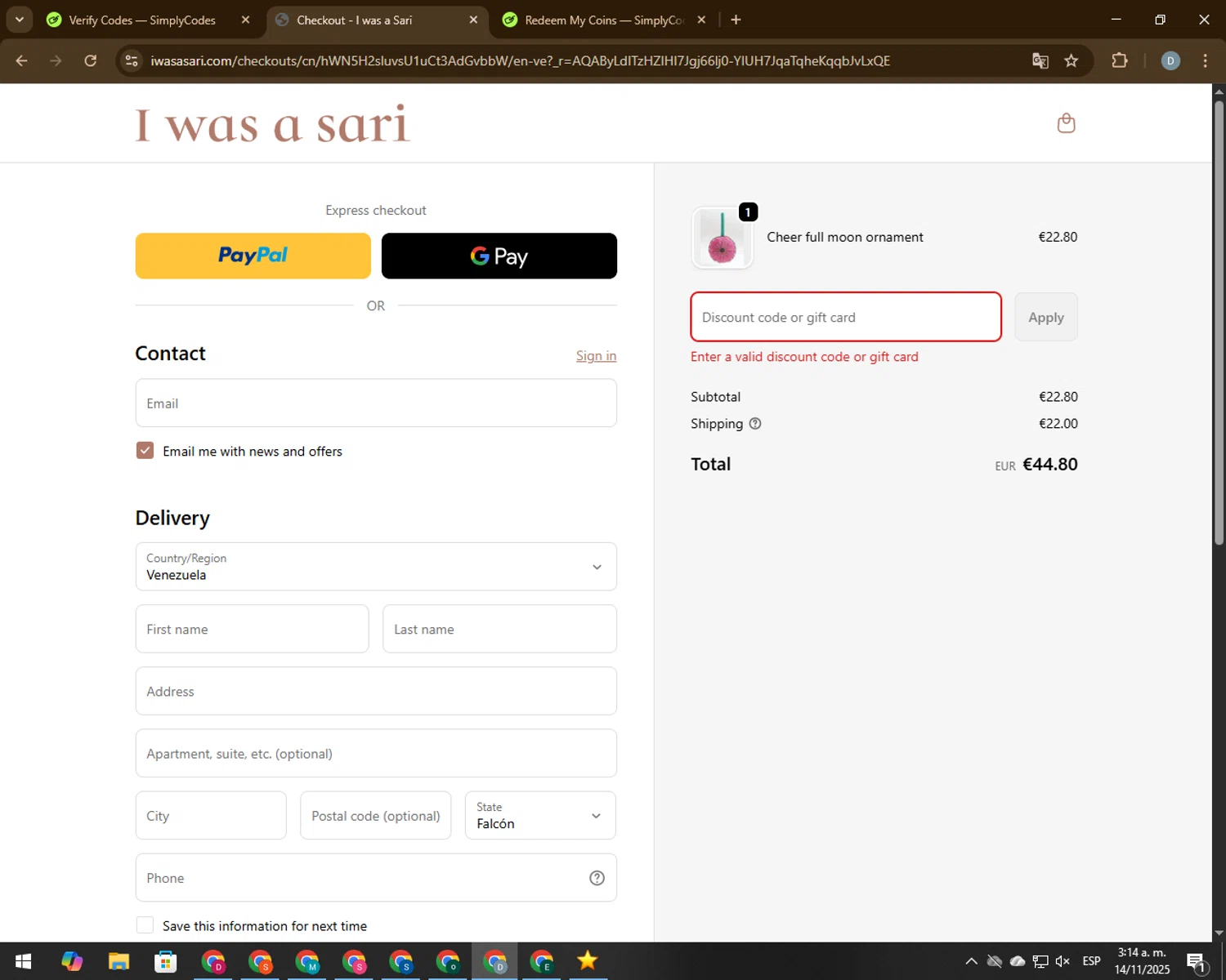 TikTok Shop promo code screenshot showing code DFYD2025 applied at TikTok Shop checkout page. Uploaded by SimplyCodes community member 000005 on Nov 14, 2025
