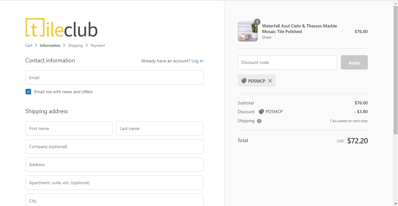 Tile Club checkout page showing Tile Club discount code box | Screenshot taken by SimplyCodes community member on Oct 3, 2021