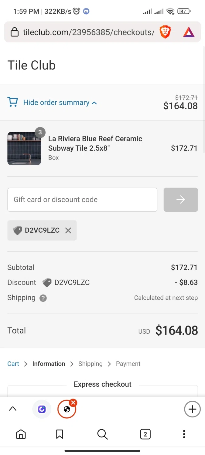 Tile Club checkout page showing Tile Club discount code box | Screenshot taken by SimplyCodes community member on Apr 28, 2023