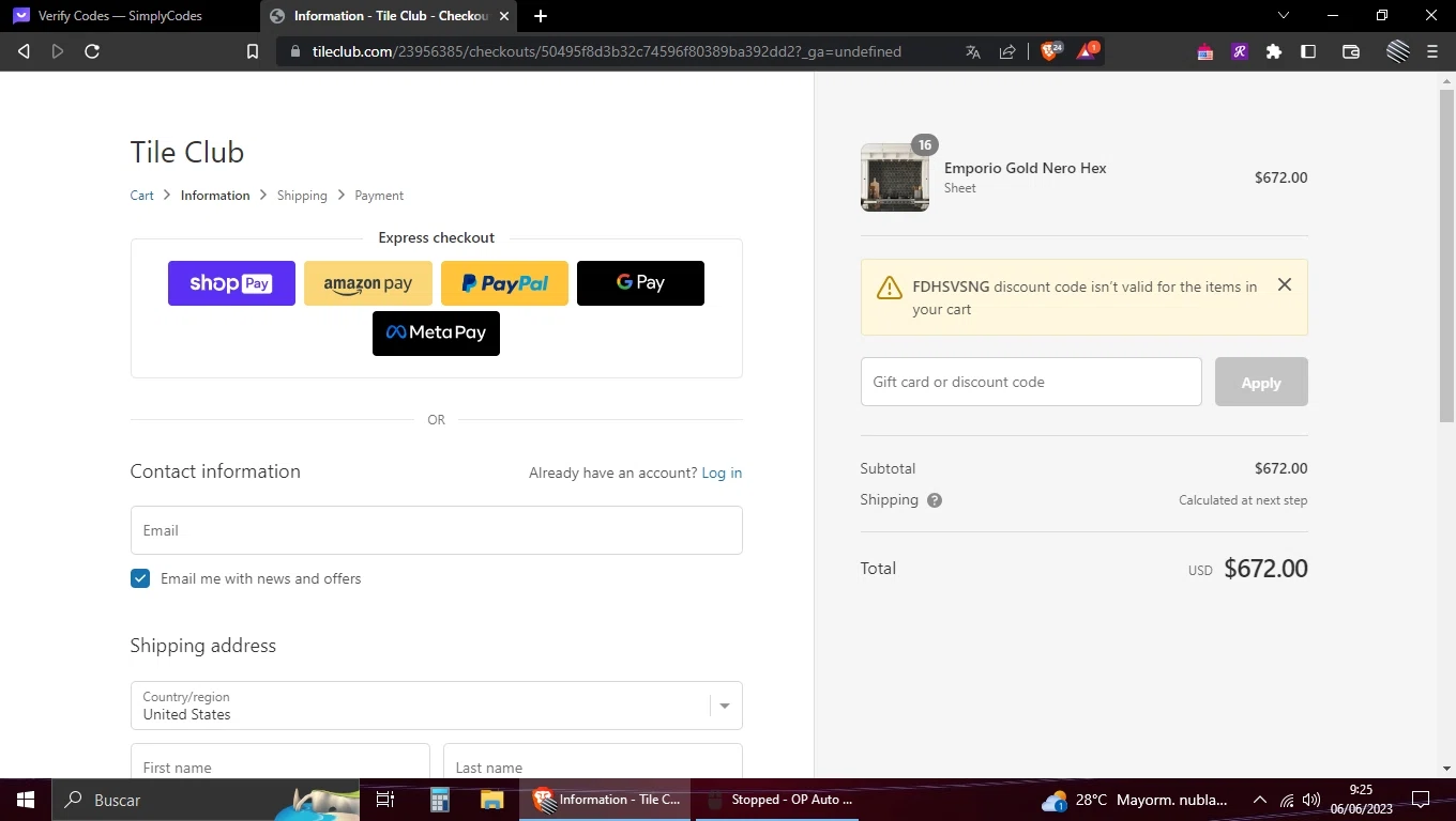 Tile Club checkout page showing Tile Club discount code box | Screenshot taken by SimplyCodes community member on Jun 6, 2023