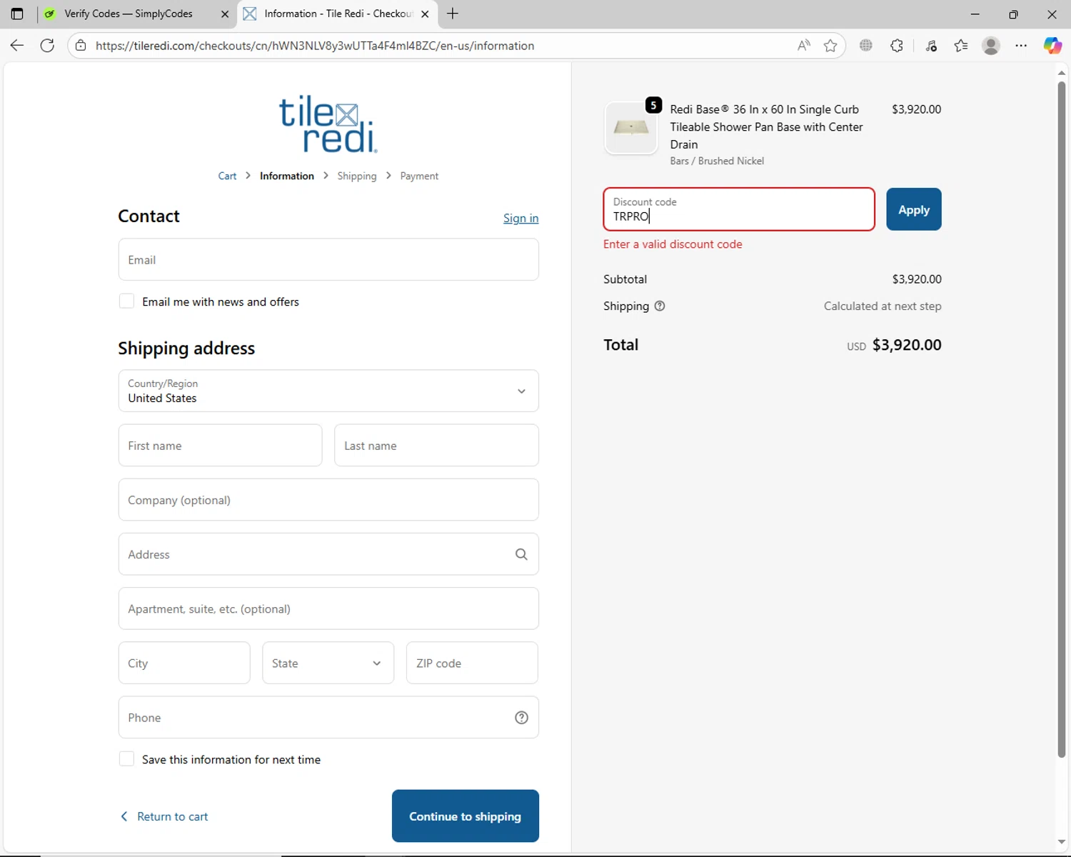 Tile Redi discount code screenshot showing code TRPRO applied at Tile Redi checkout page. Uploaded by SimplyCodes community member jhoanDepp on Sep 25, 2025