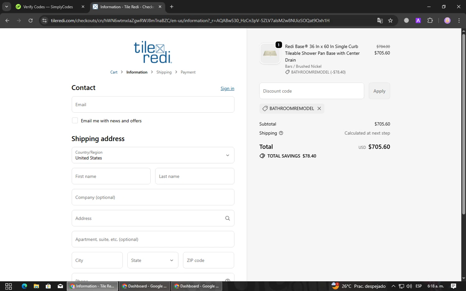 Tile Redi discount code screenshot showing code BATHROOMREMODEL applied at Tile Redi checkout page. Uploaded by SimplyCodes community member Elvistrofia on Dec 28, 2025