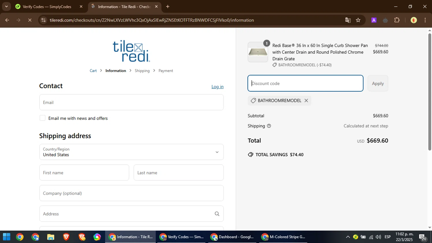 Tile Redi discount code screenshot showing code BATHROOMREMODEL applied at Tile Redi checkout page. Uploaded by SimplyCodes community member MoneyPilot9165 on Mar 23, 2025