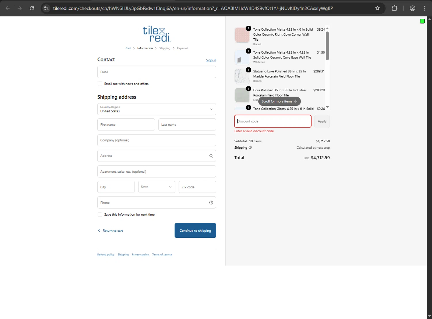 Tile Redi discount code screenshot showing code RYW15 applied at Tile Redi checkout page. Uploaded by SimplyCodes community member Niideamrk on Dec 10, 2025