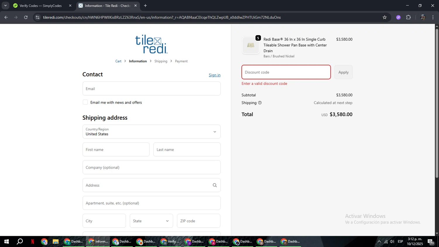 Tile Redi discount code screenshot showing code RYW15 applied at Tile Redi checkout page. Uploaded by SimplyCodes community member xxdddd on Dec 10, 2025