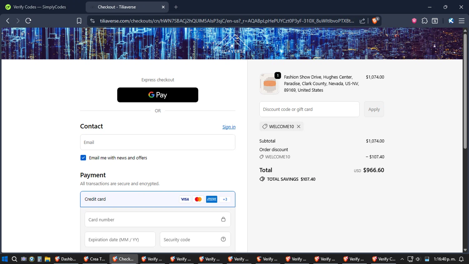 Tilia.Earth promo code screenshot showing code WELCOME10 applied at Tilia.Earth checkout page. Uploaded by SimplyCodes community member Jgomez on Jan 10, 2026