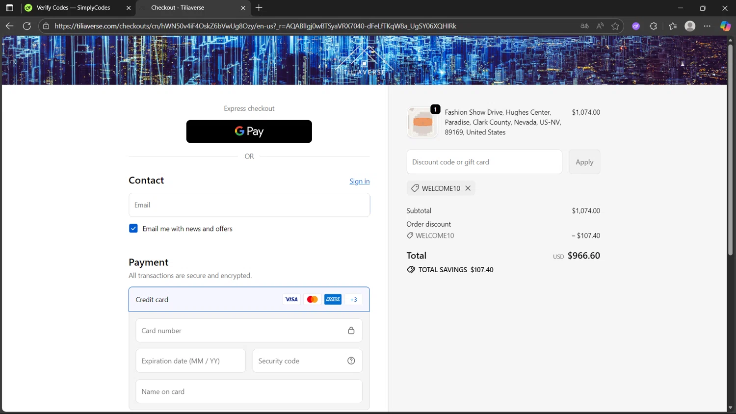 Tilia.Earth promo code screenshot showing code WELCOME10 applied at Tilia.Earth checkout page. Uploaded by SimplyCodes community member MightyHunter5940 on Nov 7, 2025