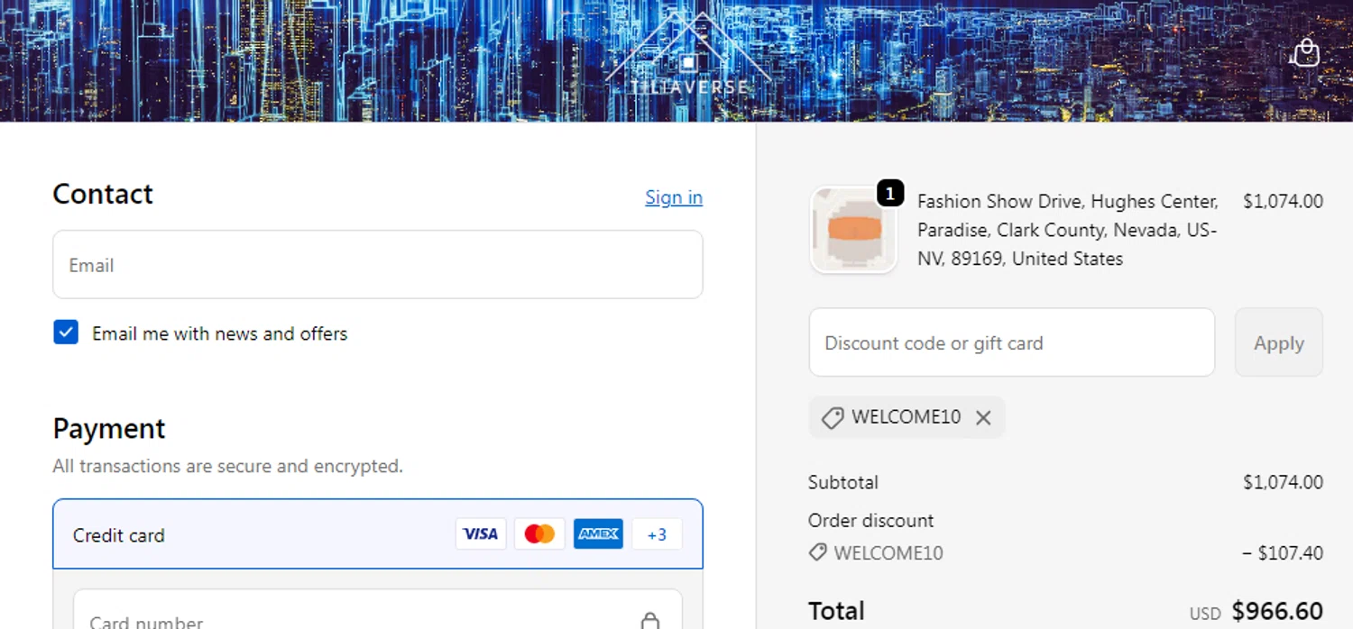 Tilia.Earth promo code screenshot showing code WELCOME10 applied at Tilia.Earth checkout page. Uploaded by SimplyCodes community member moyedosky on Nov 12, 2025