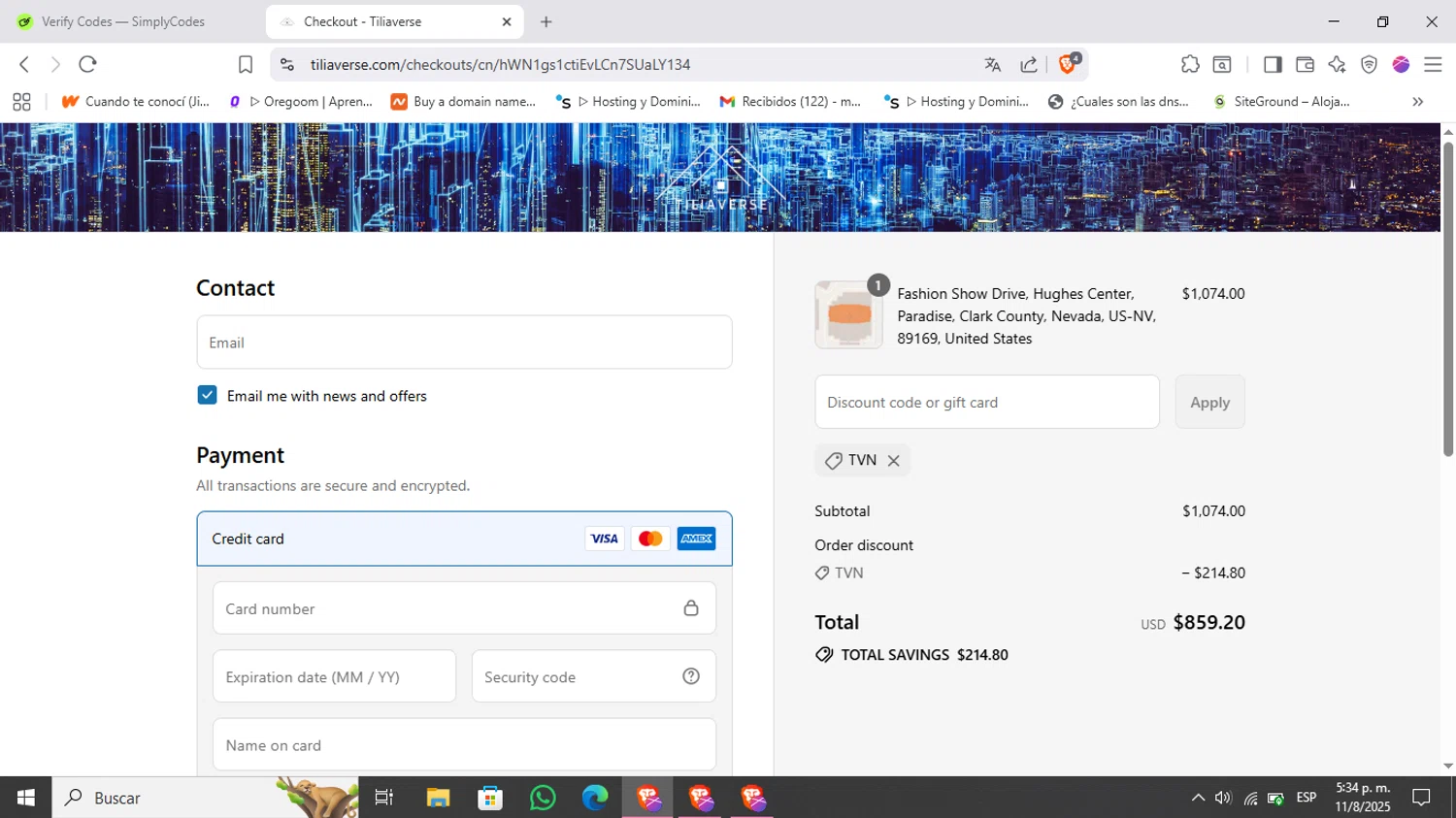 Tilia.Earth promo code screenshot showing code TVN applied at Tilia.Earth checkout page. Uploaded by SimplyCodes community member Kimberly on Aug 11, 2025