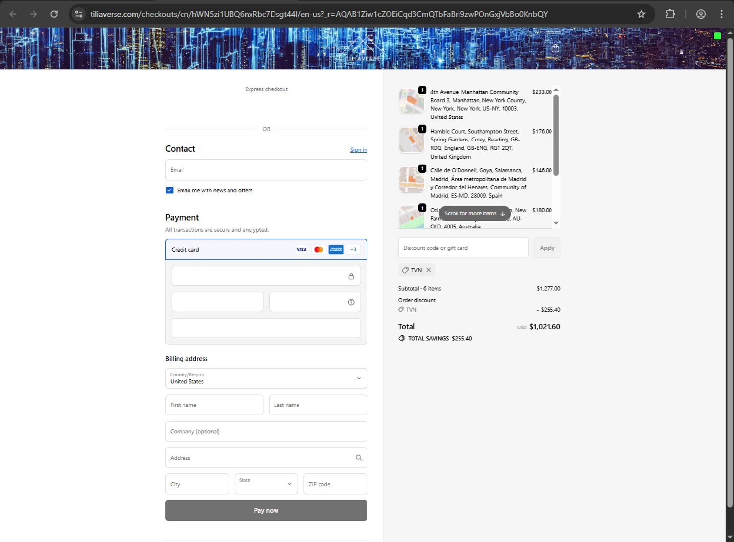 Tilia.Earth promo code screenshot showing code TVN applied at Tilia.Earth checkout page. Uploaded by SimplyCodes community member ValiantFox2134 on Dec 3, 2025