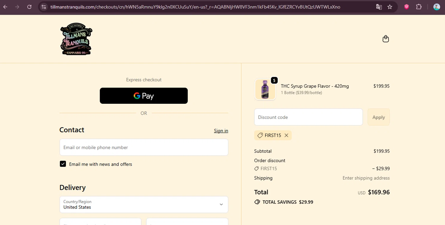 Tillmans Tranquils coupon code screenshot showing code FIRST15 applied at Tillmans Tranquils checkout page. Uploaded by SimplyCodes community member elgatobravo on Nov 22, 2025