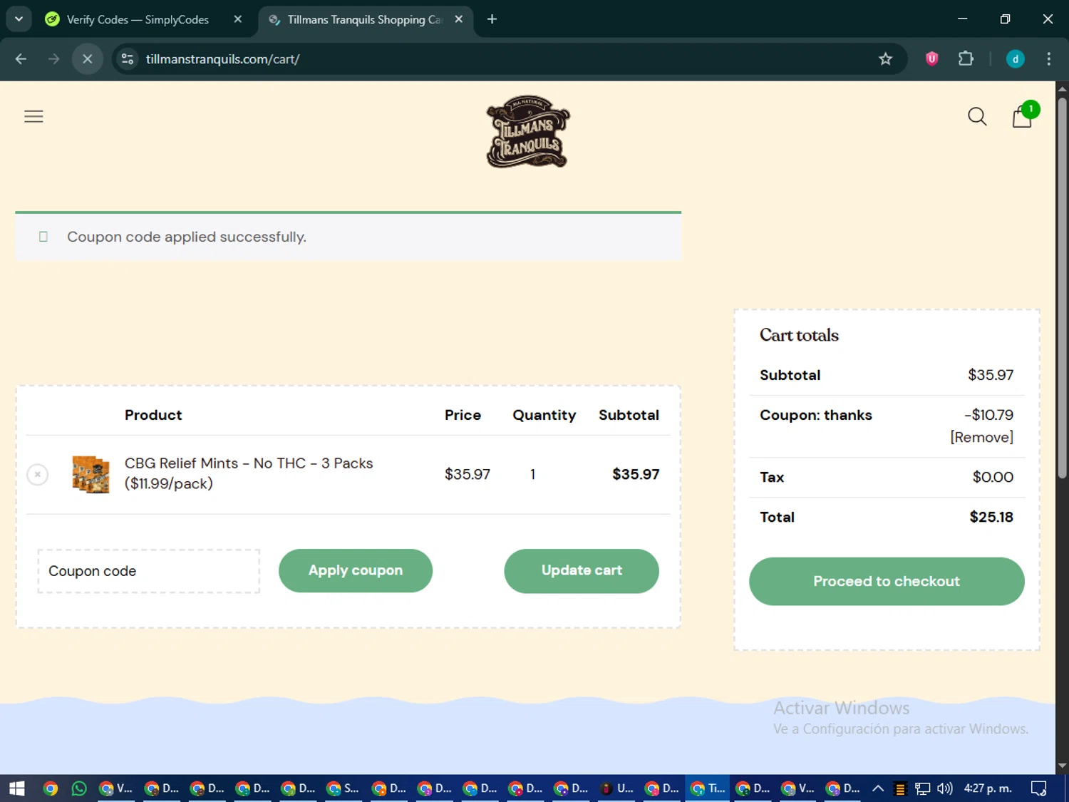 Tillmans Tranquils coupon code screenshot showing code thanks applied at Tillmans Tranquils checkout page. Uploaded by SimplyCodes community member CodeMaverick5767 on Sep 17, 2025