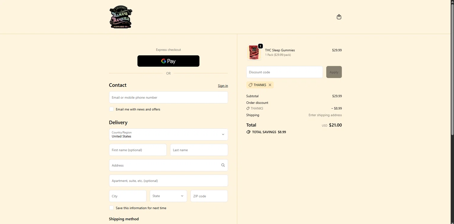 Tillmans Tranquils coupon code screenshot showing code thanks applied at Tillmans Tranquils checkout page. Uploaded by SimplyCodes community member VoucherRanger9105 on Jan 1, 2026