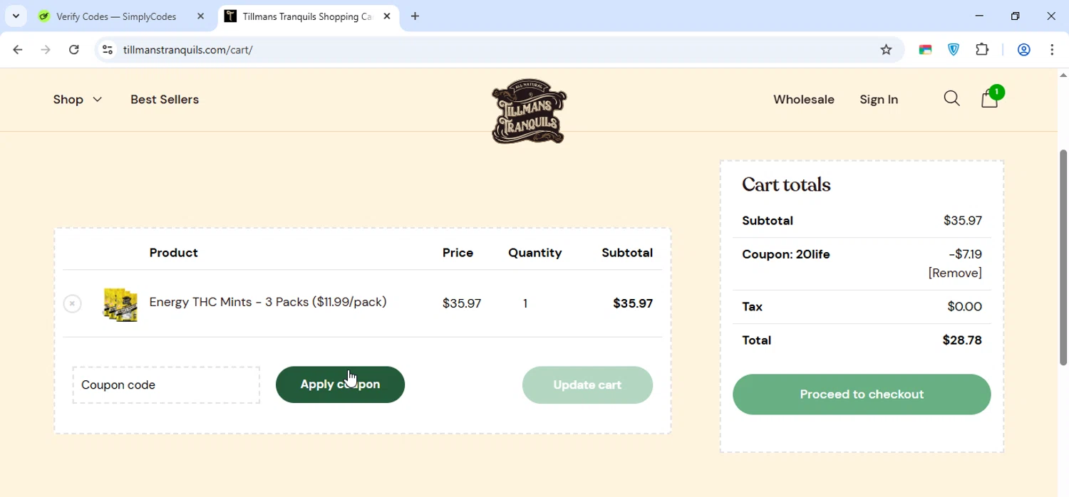 Tillmans Tranquils coupon code screenshot showing code 20LIFE applied at Tillmans Tranquils checkout page. Uploaded by SimplyCodes community member Paolita on Jun 12, 2025
