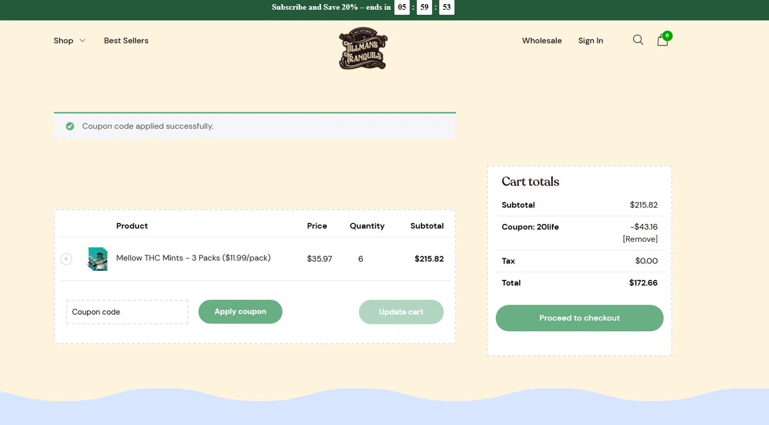 Tillmans Tranquils coupon code screenshot showing code 20LIFE applied at Tillmans Tranquils checkout page. Uploaded by SimplyCodes community member Sanemi on May 22, 2025