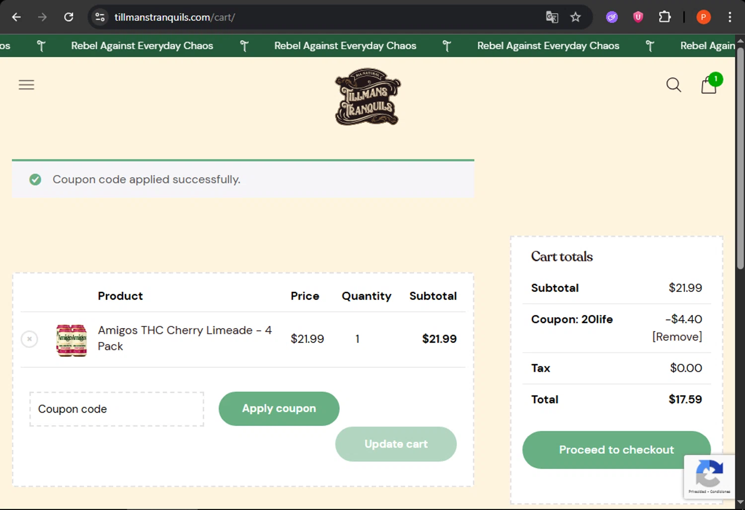 Tillmans Tranquils coupon code screenshot showing code 20LIFE applied at Tillmans Tranquils checkout page. Uploaded by SimplyCodes community member WonderDefender6772 on Jun 19, 2025