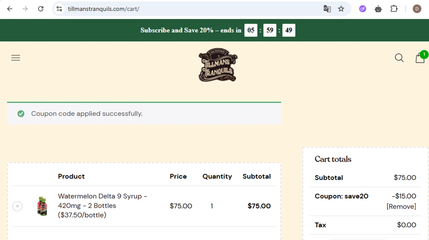 Tillmans Tranquils coupon code screenshot showing code SAVE20 applied at Tillmans Tranquils checkout page. Uploaded by SimplyCodes community member BrilliantWizard8884 on May 22, 2025