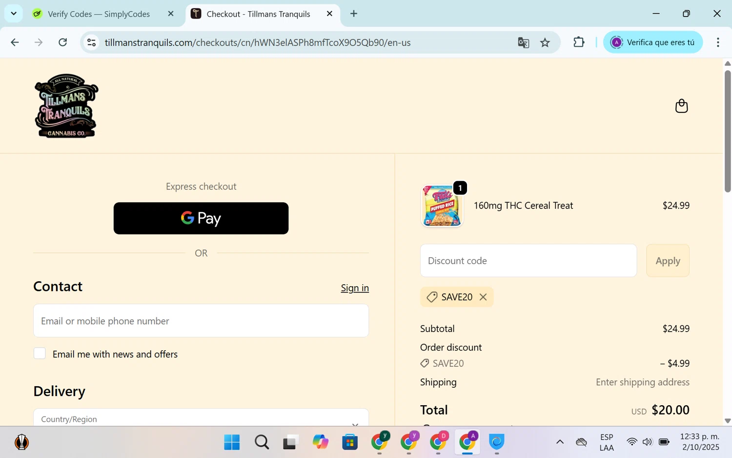 Tillmans Tranquils coupon code screenshot showing code SAVE20 applied at Tillmans Tranquils checkout page. Uploaded by SimplyCodes community member SEANJOHN55 on Oct 2, 2025