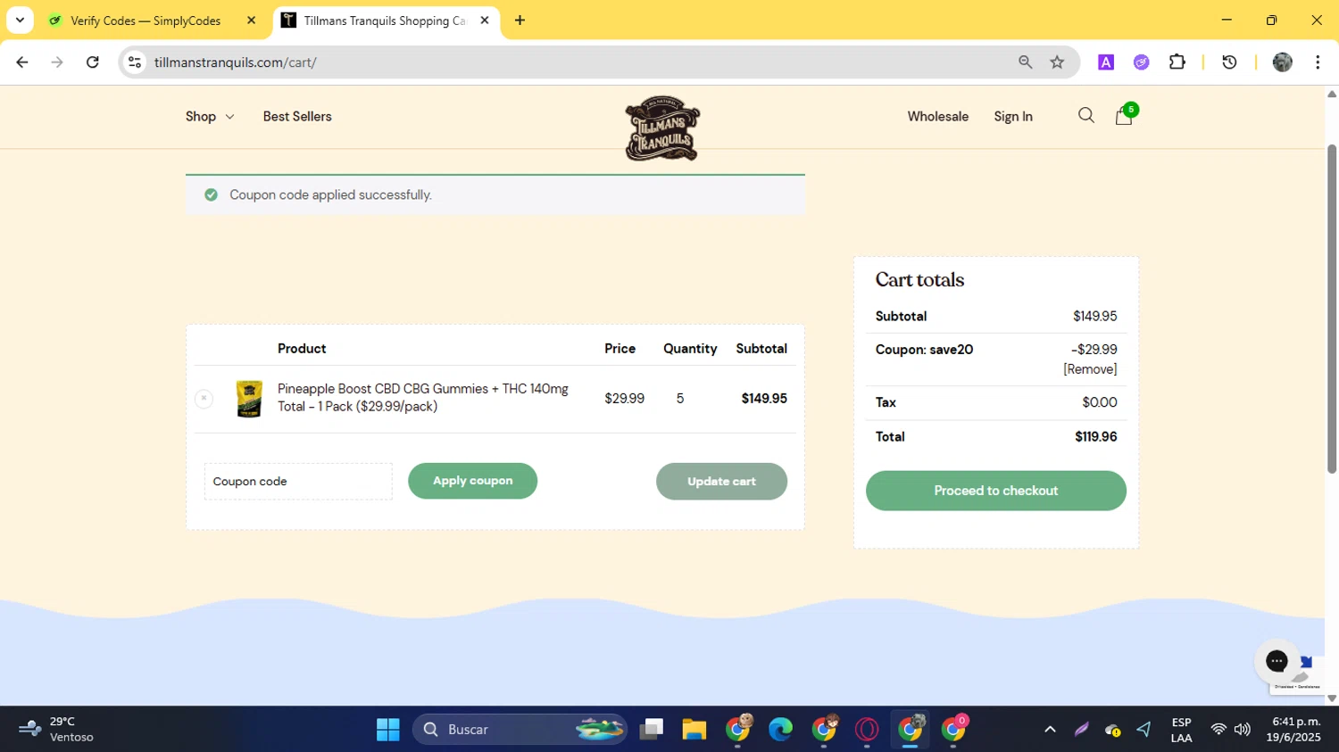 Tillmans Tranquils coupon code screenshot showing code SAVE20 applied at Tillmans Tranquils checkout page. Uploaded by SimplyCodes community member YunoMaria on Jun 19, 2025