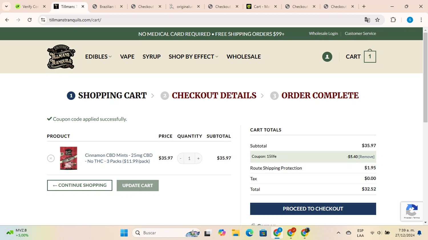 Tillmans Tranquils coupon code screenshot showing code 15LIFE applied at Tillmans Tranquils checkout page. Uploaded by SimplyCodes community member SalvadorC1 on Dec 27, 2024