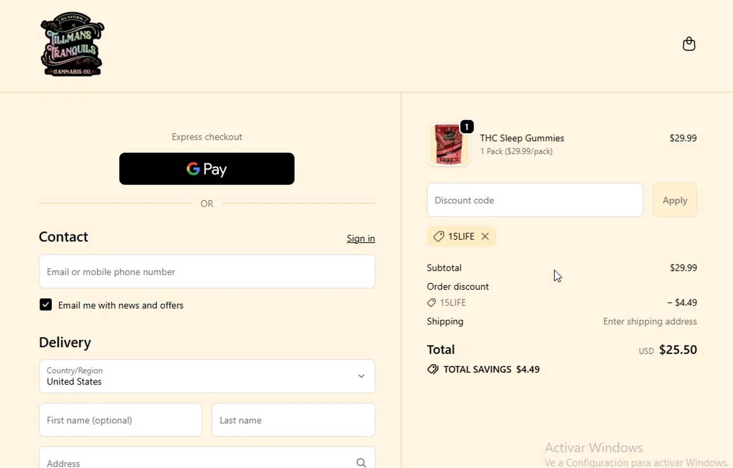 Tillmans Tranquils checkout page showing Tillmans Tranquils coupon code box | Screenshot taken by SimplyCodes community member on Jan 4, 2026