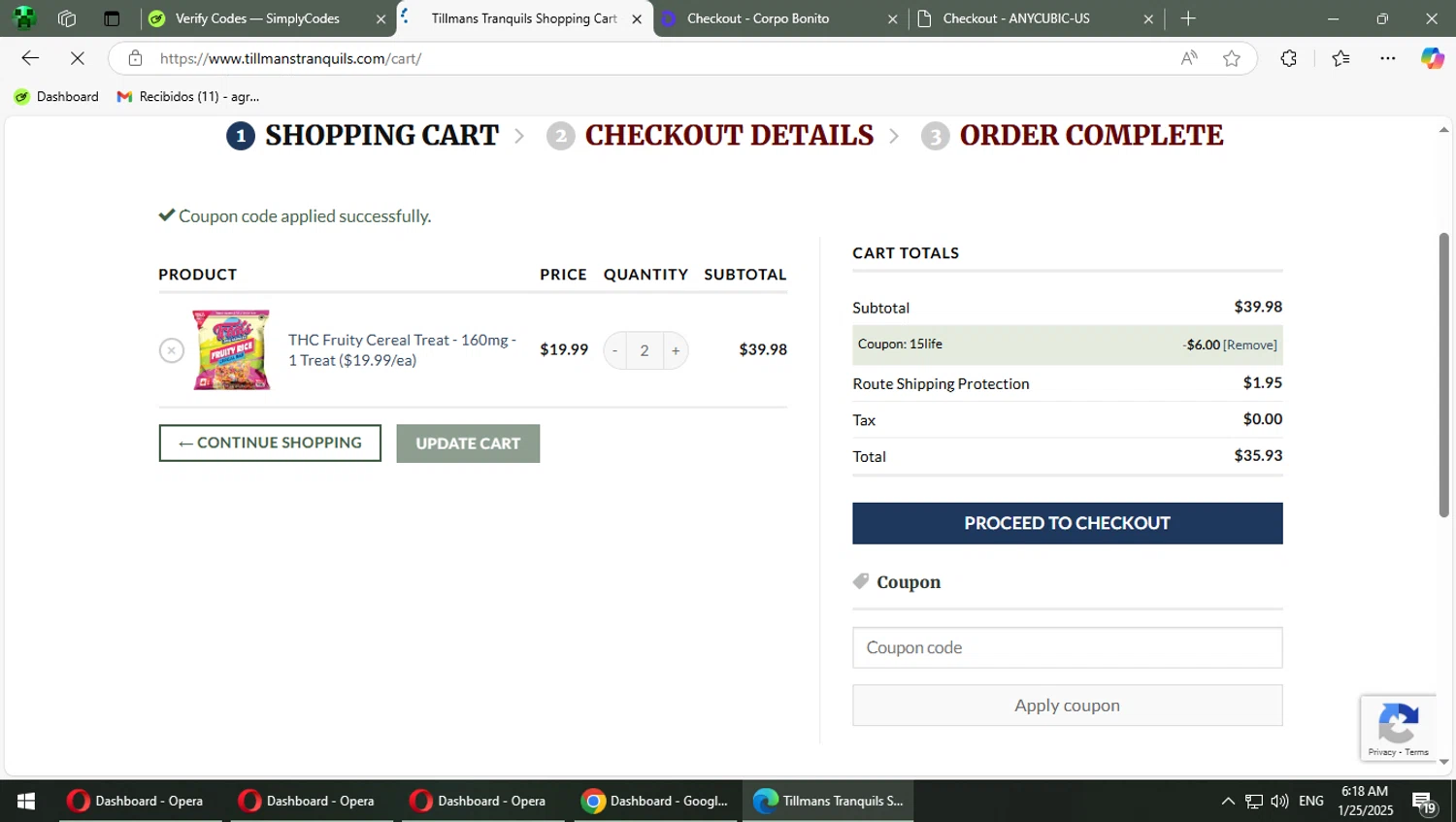 Tillmans Tranquils coupon code screenshot showing code 15LIFE applied at Tillmans Tranquils checkout page. Uploaded by SimplyCodes community member TrevorPhilips on Jan 25, 2025