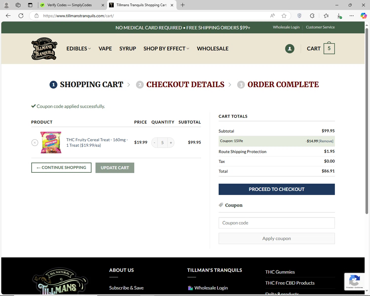 Tillmans Tranquils coupon code screenshot showing code 15LIFE applied at Tillmans Tranquils checkout page. Uploaded by SimplyCodes community member jhoanDepp on Dec 27, 2024