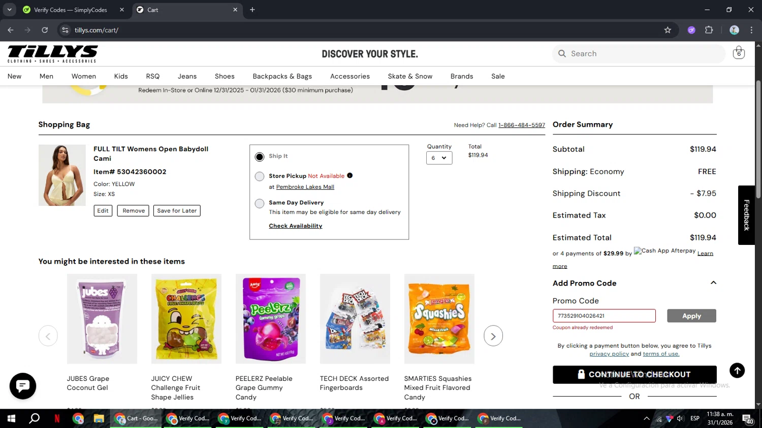 Tillys promo code screenshot showing code 773529104026421 applied at Tillys checkout page. Uploaded by SimplyCodes community member ShrewdSeeker6165 on Jan 31, 2026