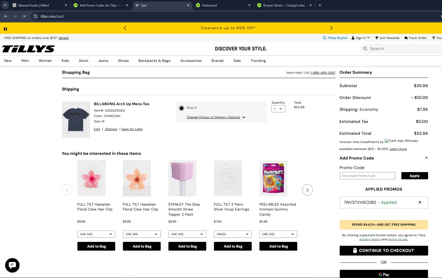 Tillys promo code screenshot showing code 7NV37VHSCDB2 applied at Tillys checkout page. Uploaded by SimplyCodes community member VictoriousCaptain3902 on Jun 5, 2026